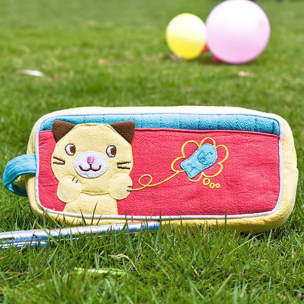 [kitty & Fish] Embroidered Applique Pencil Pouch Bag / Cosmetic Bag / Carrying Case (7.3*3.3*1.4)