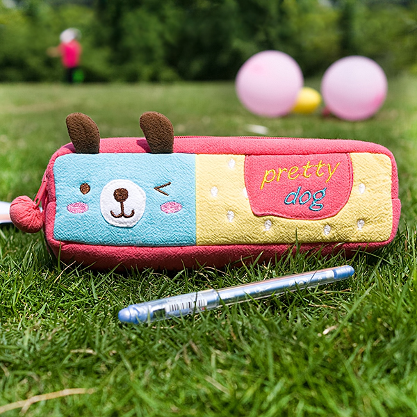 [pretty Dog] Embroidered Applique Pencil Pouch Bag / Cosmetic Bag / Carrying Case (7.5*2.4*1.6)