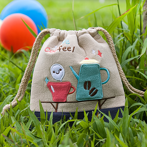 [love Coffee] Embroidered Applique Fabric Art Draw String Bag / Drawstring Pouch (5.7*6.7)